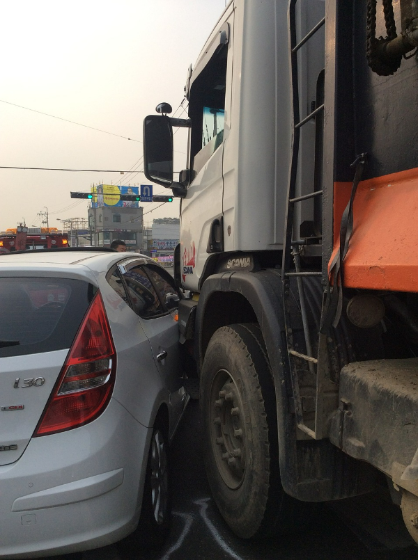 A collision between a passenger car and a truck.